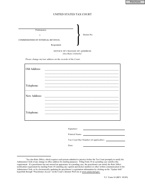 T.C. Form 10 Notice of Change of Address