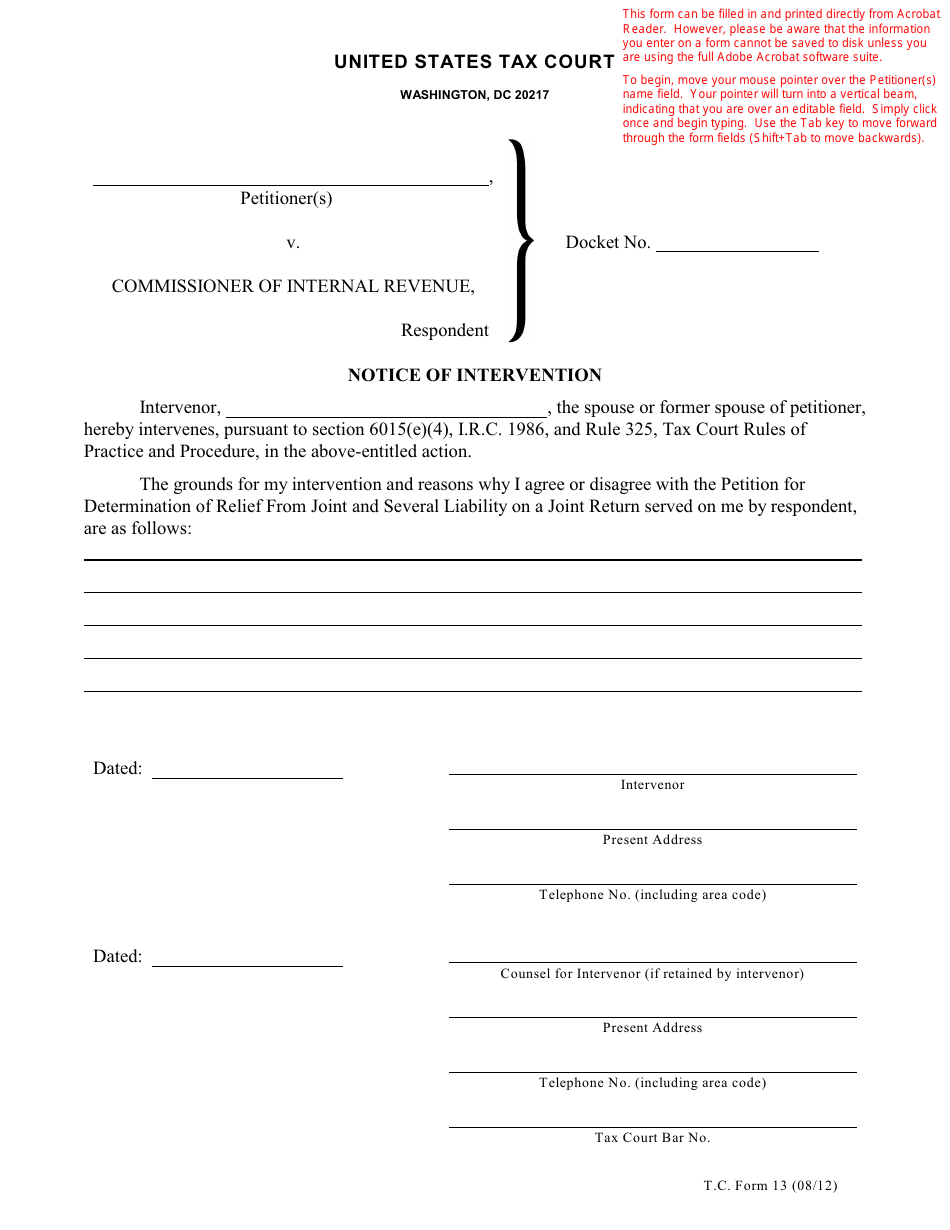T.C. Form 13 Notice of Intervention, Page 1