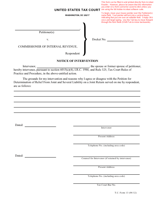 T.C. Form 13 Notice of Intervention
