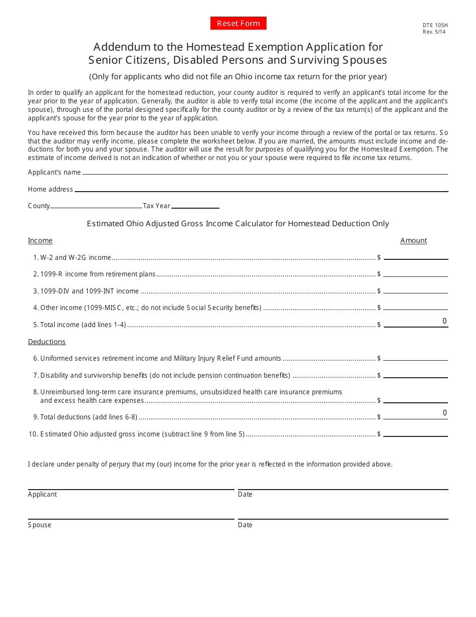 Form DTE105H Addendum to the Homestead Exemption Application for Senior Citizens, Disabled Persons and Surviving Spouses - Ohio, Page 1
