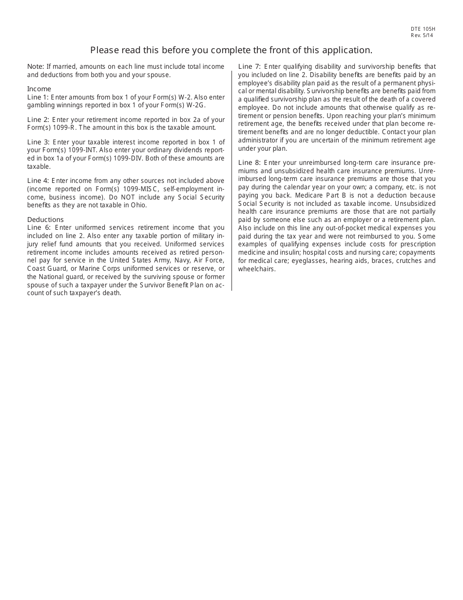Form DTE105H Addendum to the Homestead Exemption Application for Senior Citizens, Disabled Persons and Surviving Spouses - Ohio, Page 2