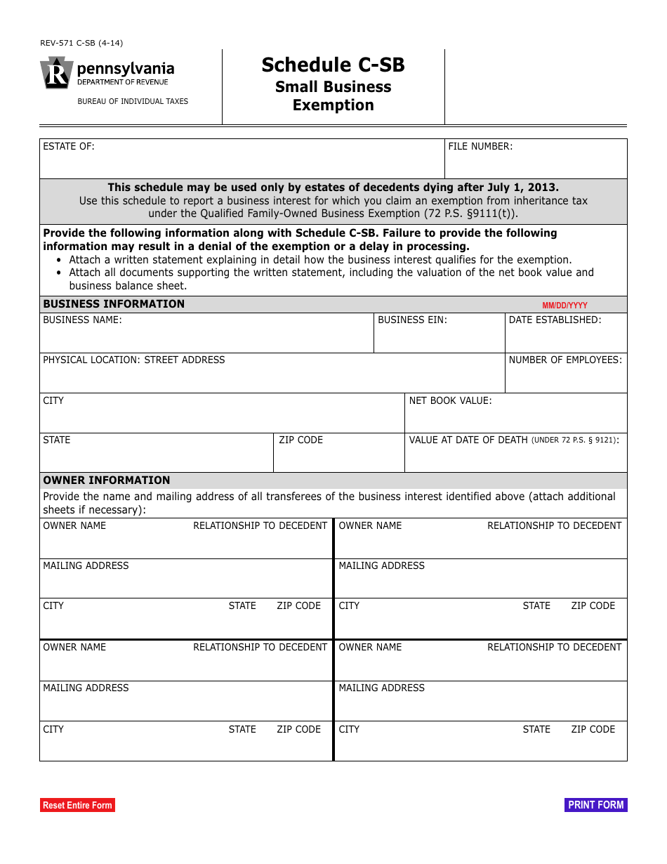 Form REV-571 Schedule C-SB Small Business Exemption - Pennsylvania, Page 1