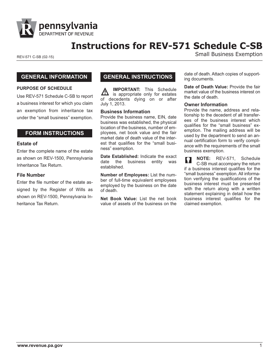 Instructions for Form REV-571 Schedule C-SB Small Business Exemption - Pennsylvania, Page 1