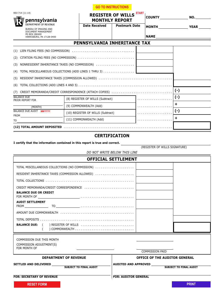 Form REV-714 Register of Wills Monthly Report - Pennsylvania, Page 1
