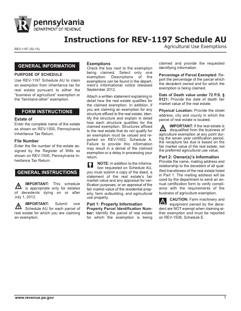 Instructions for Form REV-1197 Schedule AU Agricultural Use Exemptions - Pennsylvania