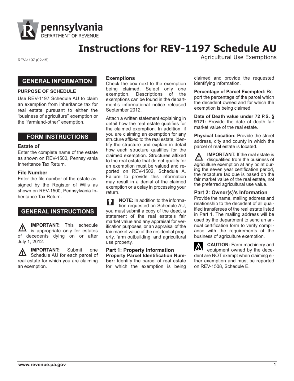 Instructions for Form REV-1197 Schedule AU Agricultural Use Exemptions - Pennsylvania, Page 1