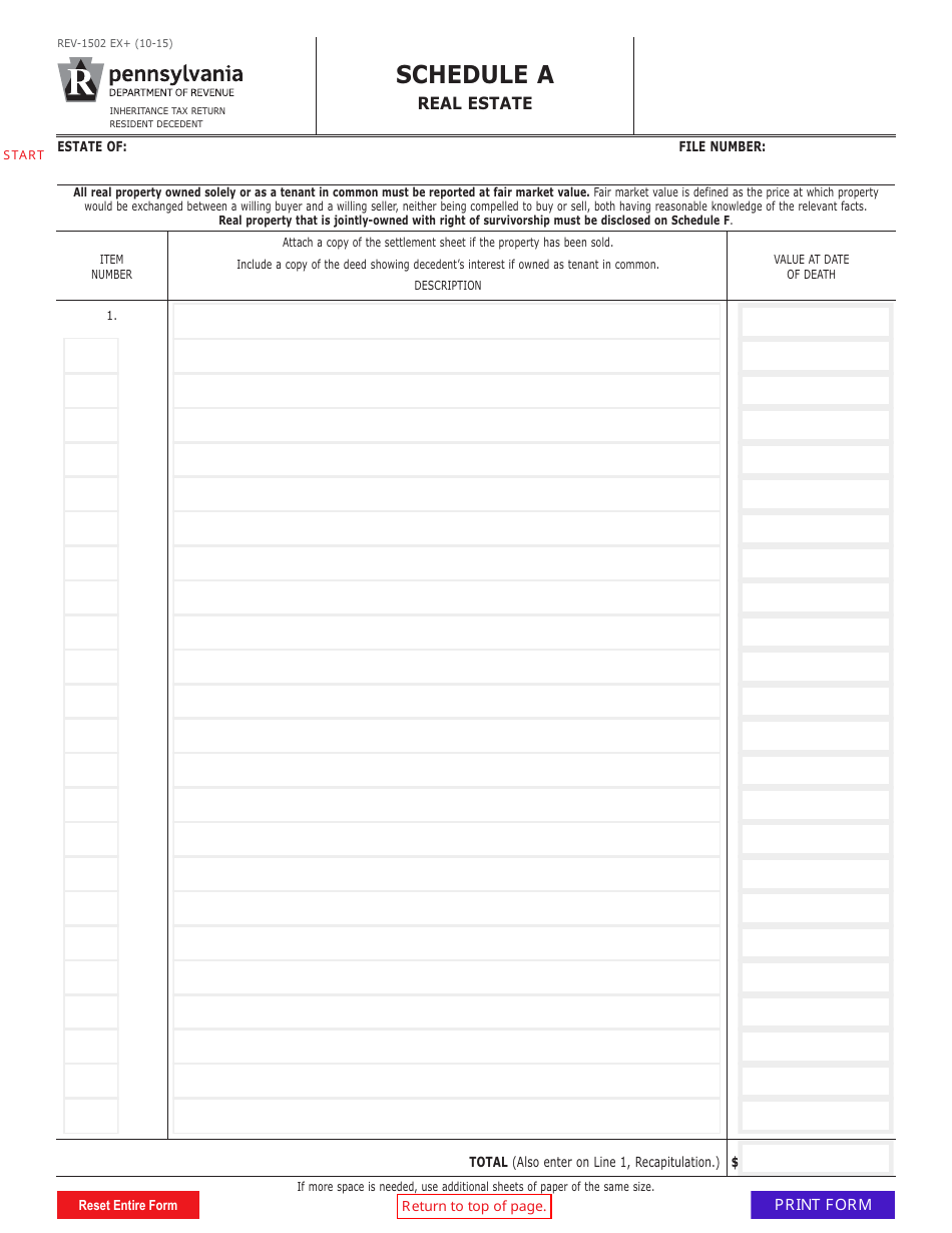 Form REV-1502 Schedule A Real Estate - Pennsylvania, Page 1