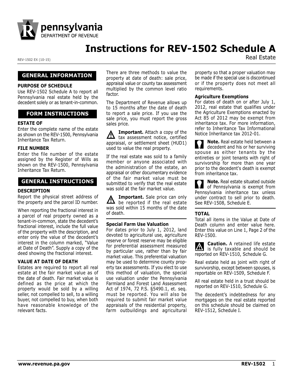 Instructions for Form REV-1502 Schedule A Real Estate - Pennsylvania, Page 1