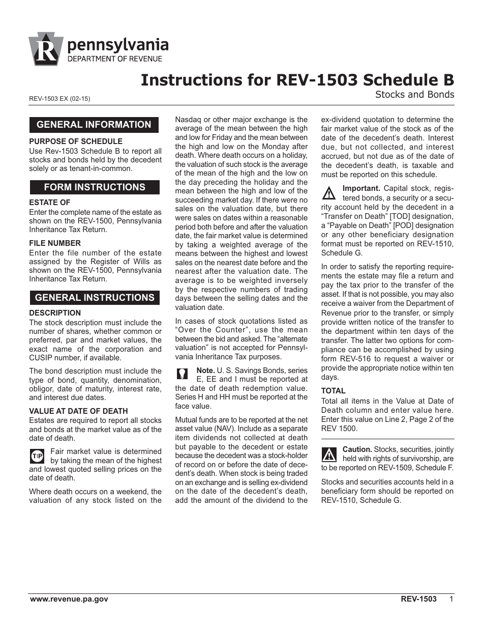Instructions for Form REV-1503 Schedule B Stocks and Bonds - Pennsylvania, Page 1