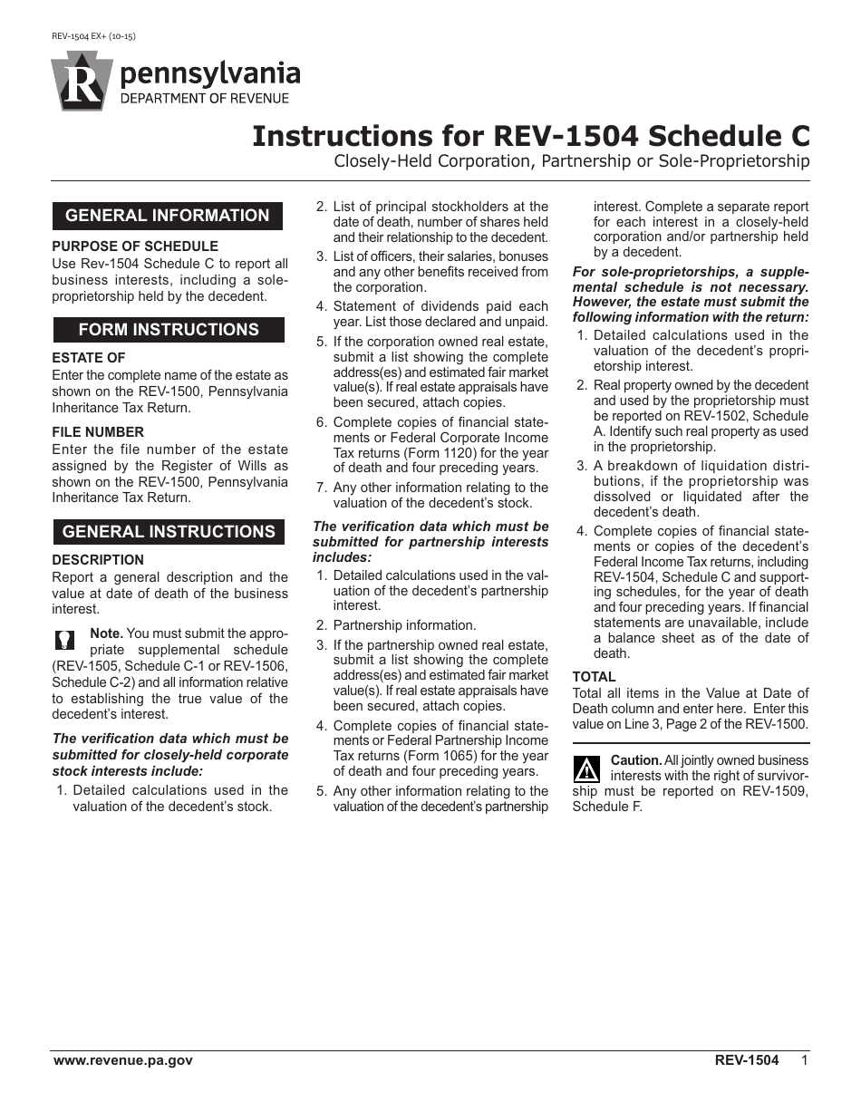 Instructions for Form REV-1504 Schedule C Closely-Held Corporation, Partnership or Sole-Proprietorship - Pennsylvania, Page 1