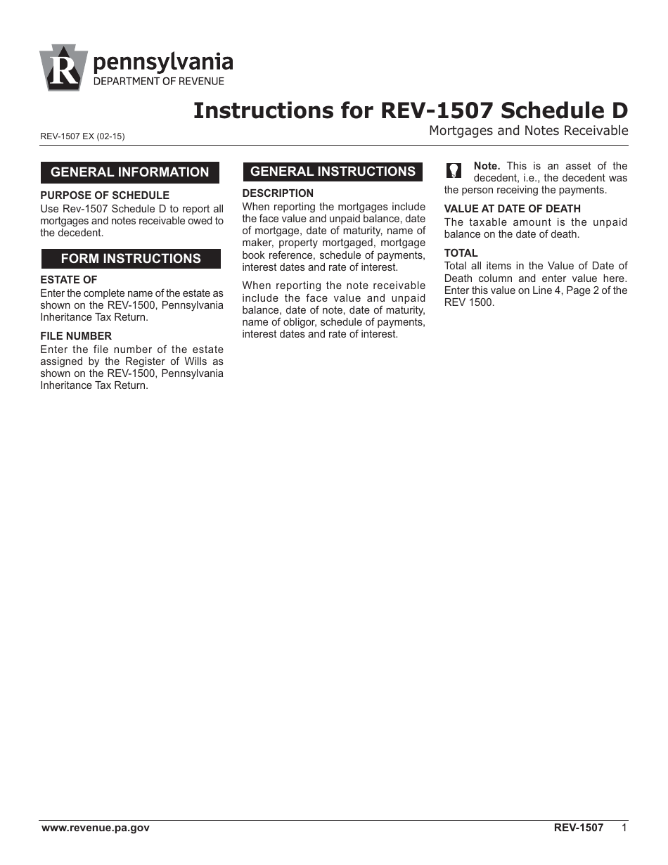 Instructions for Form REV-1507 Schedule D Mortgages and Notes Receivable - Pennsylvania, Page 1