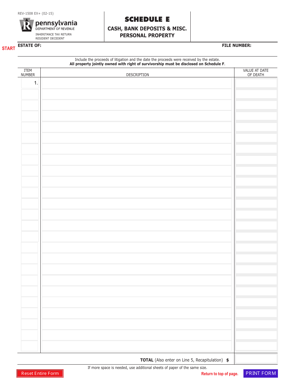 Form REV-1508 Schedule E Cash, Bank Deposits  Misc. Personal Property - Pennsylvania, Page 1
