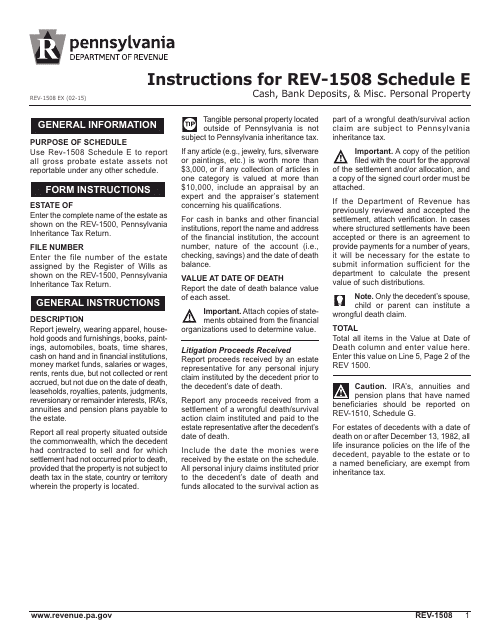 Instructions for Form REV-1508 Schedule E Cash, Bank Deposits, & Misc. Personal Property - Pennsylvania