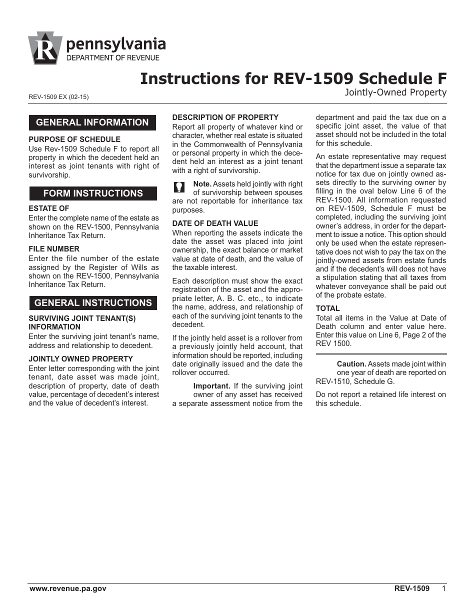 Instructions for Form REV-1509 Schedule F Jointly-Owned Property - Pennsylvania, Page 1