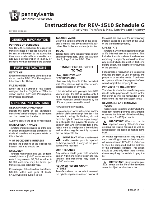 Instructions for Form REV-1510 Schedule G Inter-Vivos Transfers & Misc. Non-probate Property - Pennsylvania