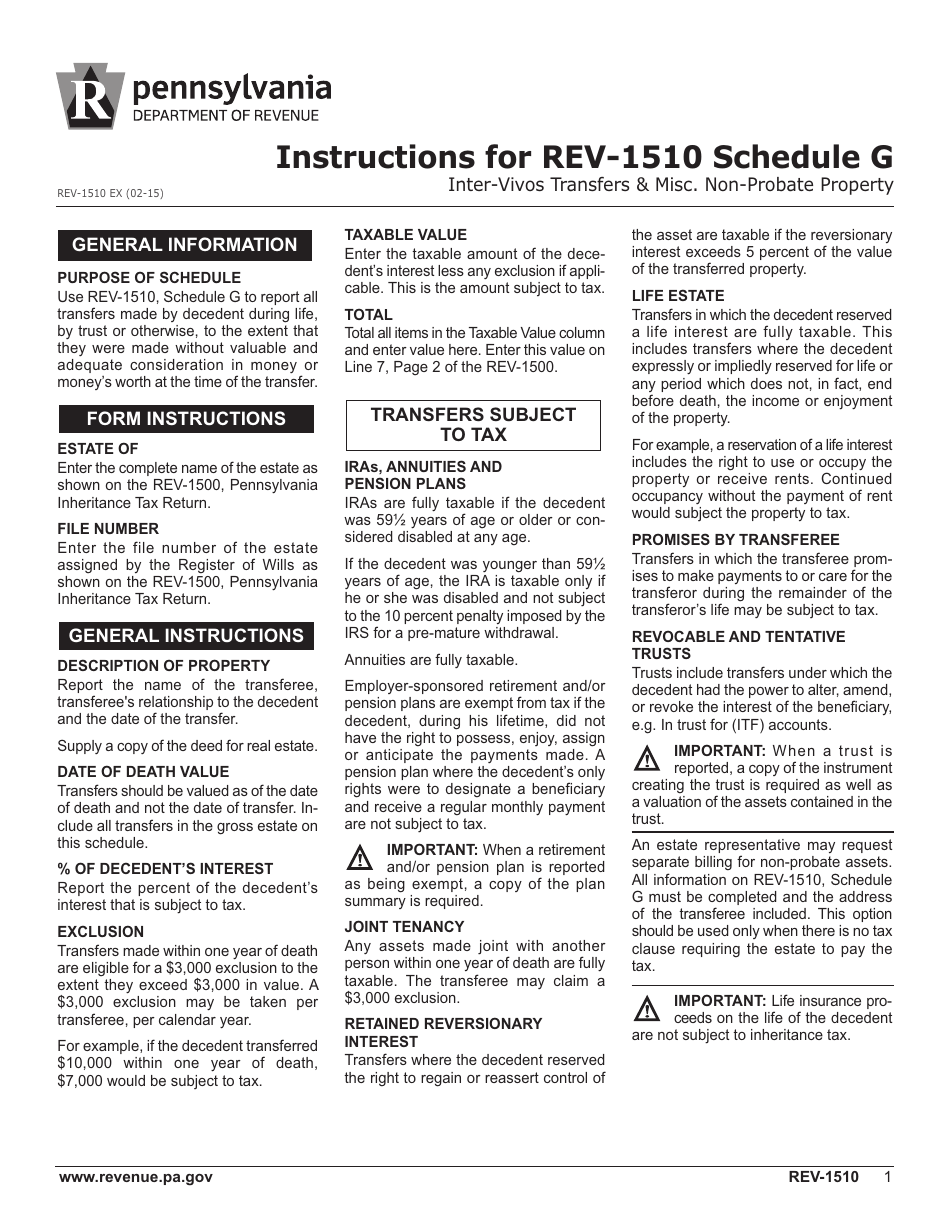 Instructions for Form REV-1510 Schedule G Inter-Vivos Transfers  Misc. Non-probate Property - Pennsylvania, Page 1