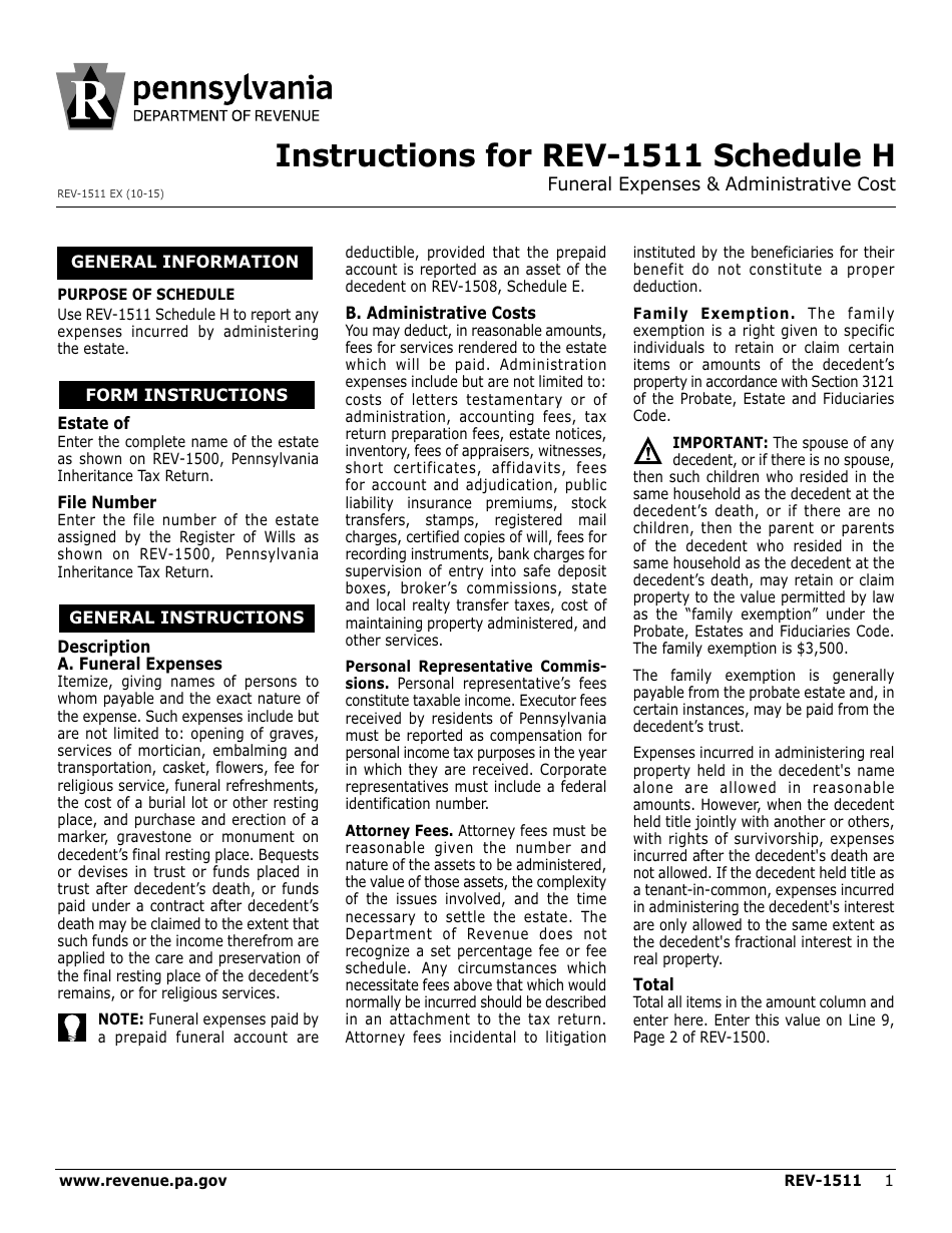 Instructions for Form REV-1511 Schedule H Funeral Expenses  Administrative Cost - Pennsylvania, Page 1