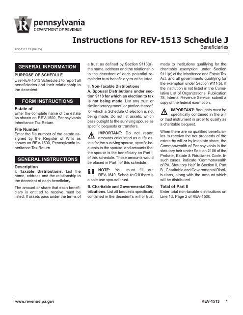Instructions for Form REV-1513 Schedule J Beneficiaries - Pennsylvania