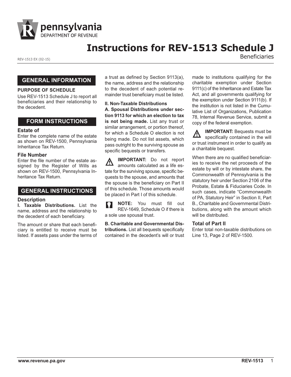 Instructions for Form REV-1513 Schedule J Beneficiaries - Pennsylvania, Page 1