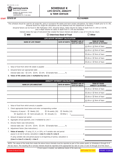 Form REV-1514 Schedule K  Printable Pdf