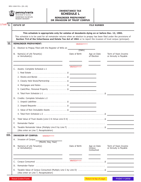 Form REV-1644 Schedule L Remainder Prepayment or Invasion of Trust Corpus - Inheritance Tax - Pennsylvania