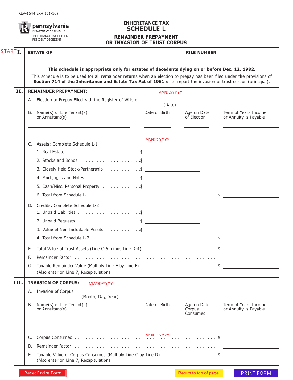 Form REV-1644 Schedule L Remainder Prepayment or Invasion of Trust Corpus - Inheritance Tax - Pennsylvania, Page 1