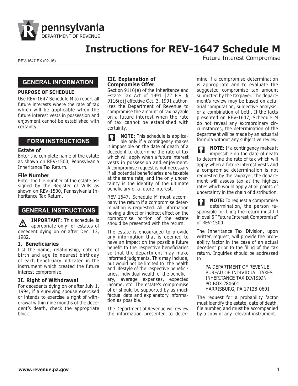 Instructions for Form REV-1647 Schedule M Future Interest Compromise - Pennsylvania, Page 1