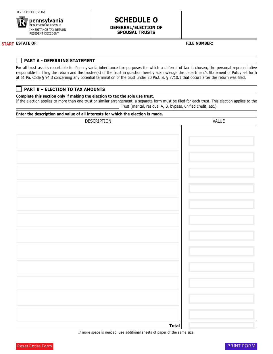 Form REV-1649 Schedule O Deferral / Election of Spousal Trusts - Pennsylvania, Page 1