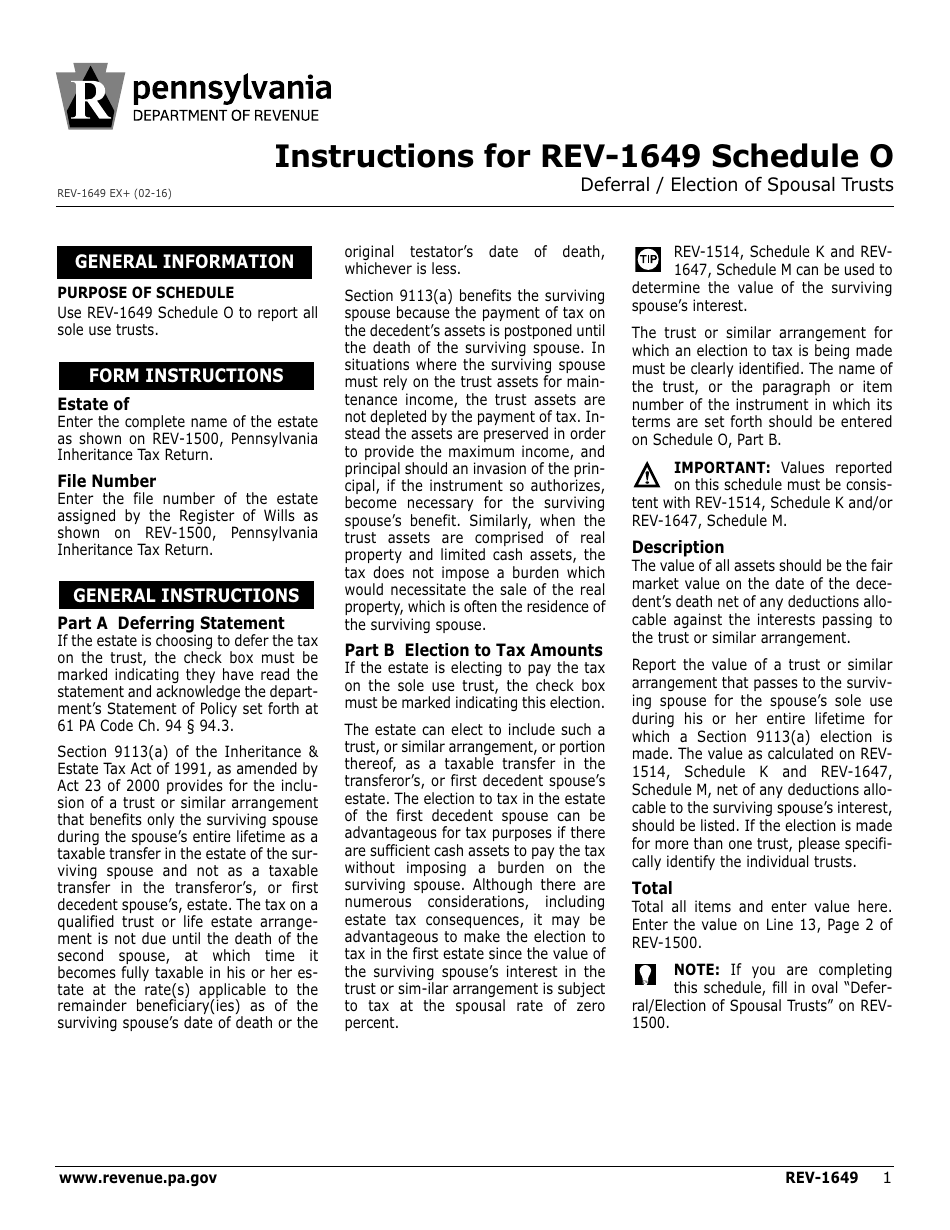 Instructions for Form REV-1649 Schedule O Deferral / Election of Spousal Trusts - Pennsylvania, Page 1