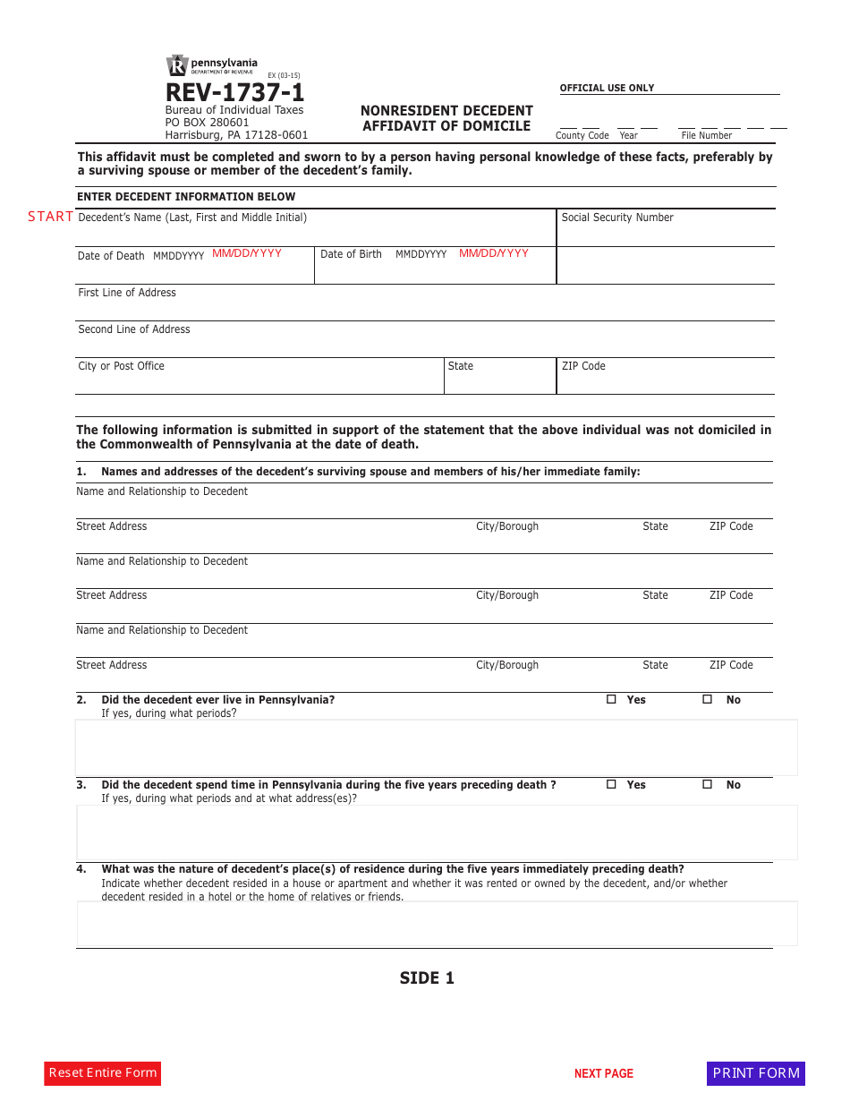 Form REV-1737-1 Nonresident Decedent Affidavit of Domicile - Pennsylvania, Page 1