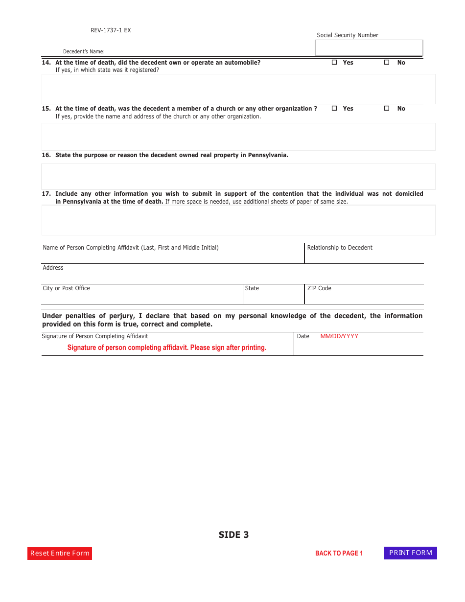Form REV-1737-1 Nonresident Decedent Affidavit of Domicile - Pennsylvania, Page 3