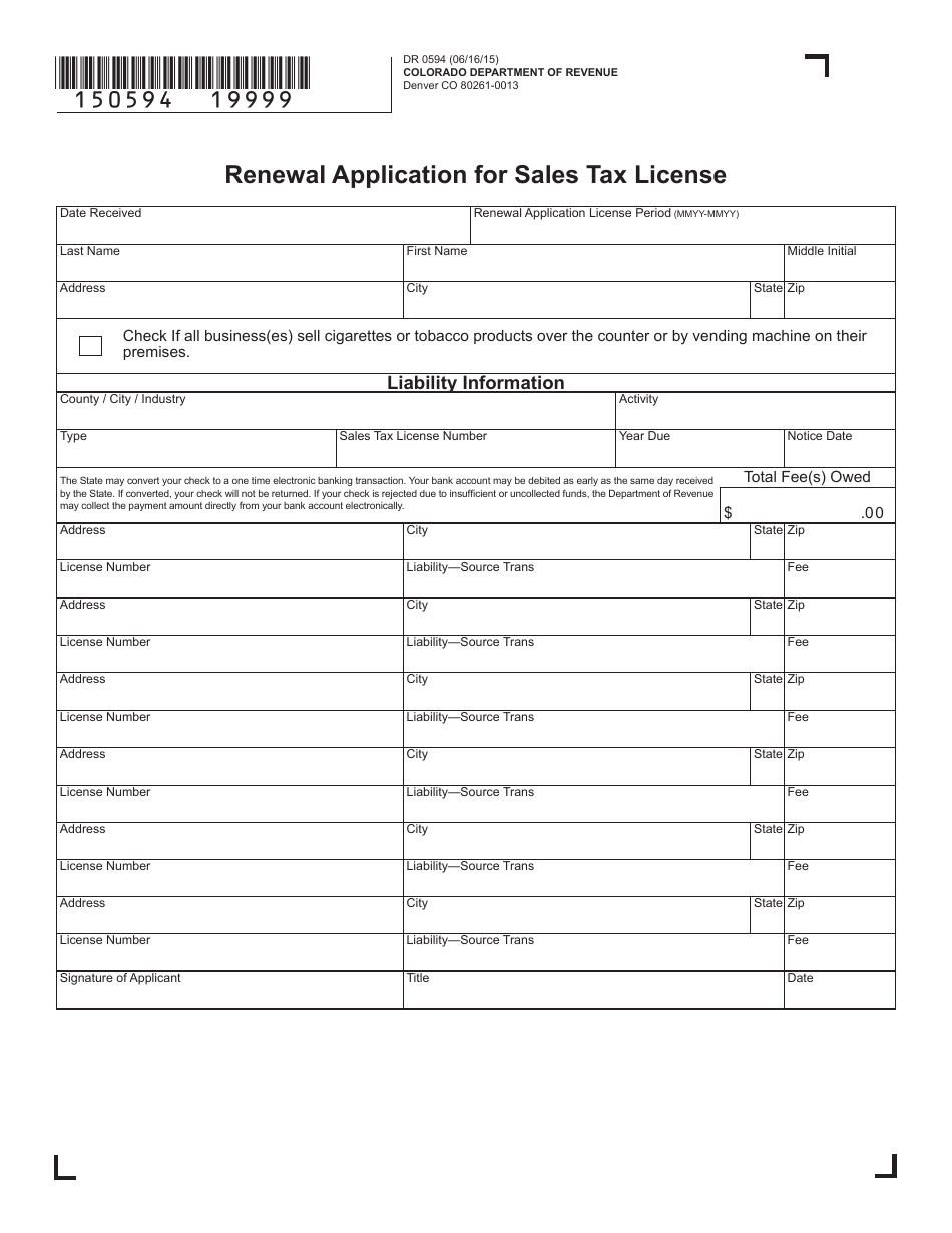 Form DR0594 Renewal Application for Sales Tax License - Colorado, Page 2
