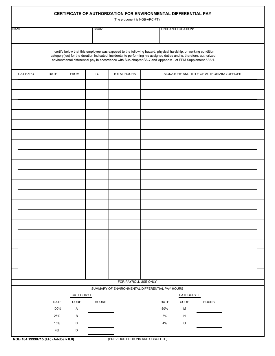 NGB Form 104 Certificate of Authorization for Environmental Differential Pay, Page 1