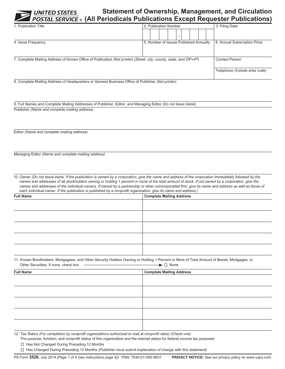 PS Form 3526 Statement of Ownership, Management, and Circulation, Page 1