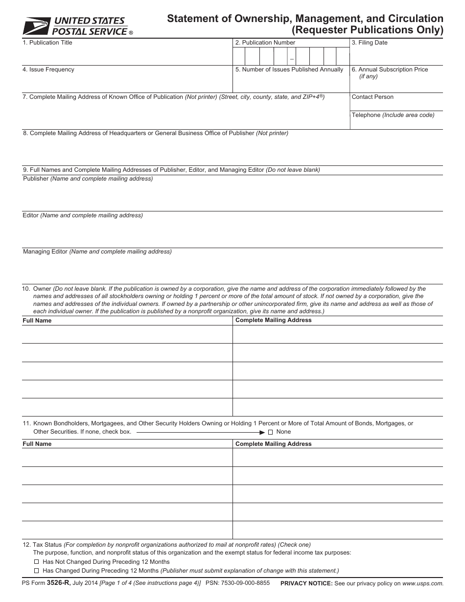 PS Form 3526-R Statement of Ownership, Management, and Circulation (Requester Publications Only), Page 1