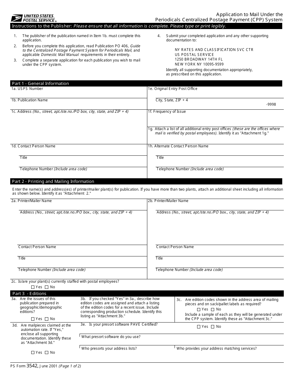 PS Form 3542 Application to Mail Under the Periodicals Centralized Postage Payment (Cpp) System, Page 1