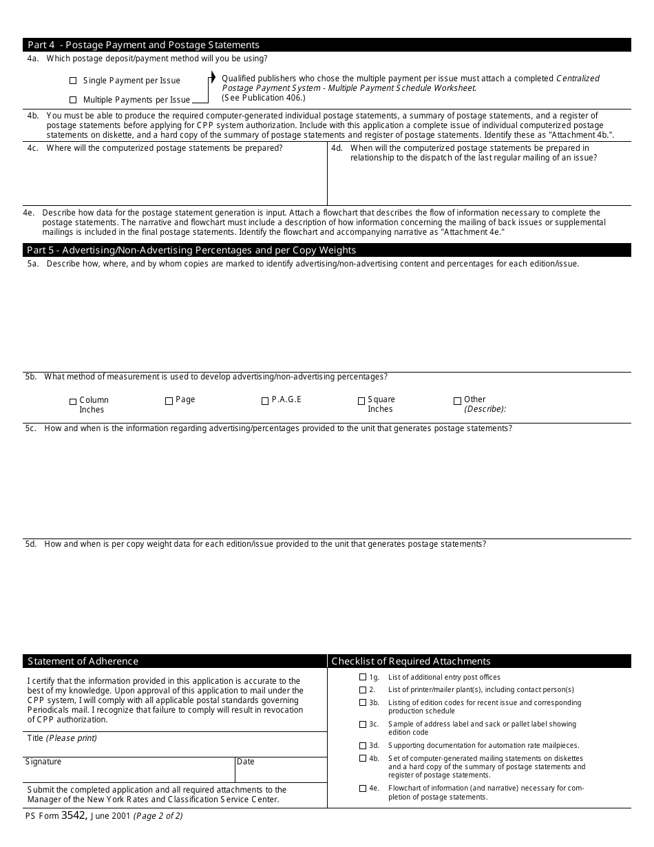 PS Form 3542 Application to Mail Under the Periodicals Centralized Postage Payment (Cpp) System, Page 2