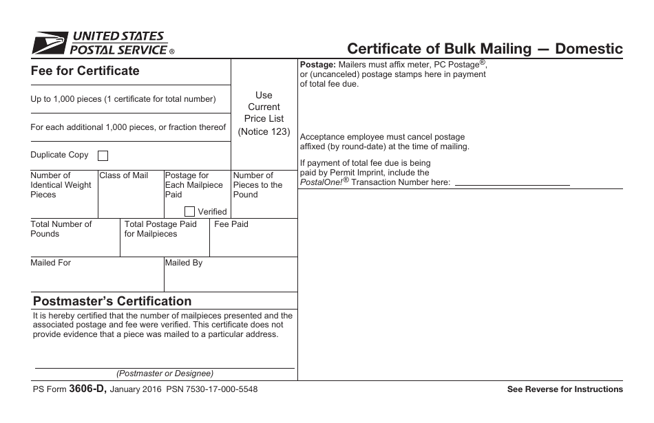PS Form 3606-D Certificate of Bulk Mailing  Domestic, Page 1