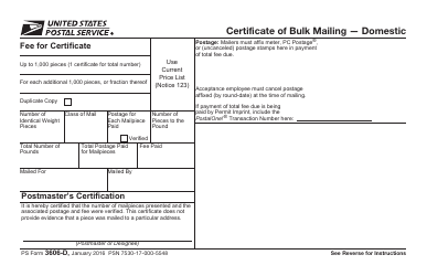 Document preview: PS Form 3606-D Certificate of Bulk Mailing " Domestic