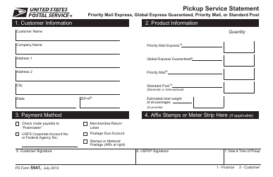PS Form 5541 Pickup Service Statement Priority Mail Express, Global Express Guaranteed, Priority Mail, or Standard Post