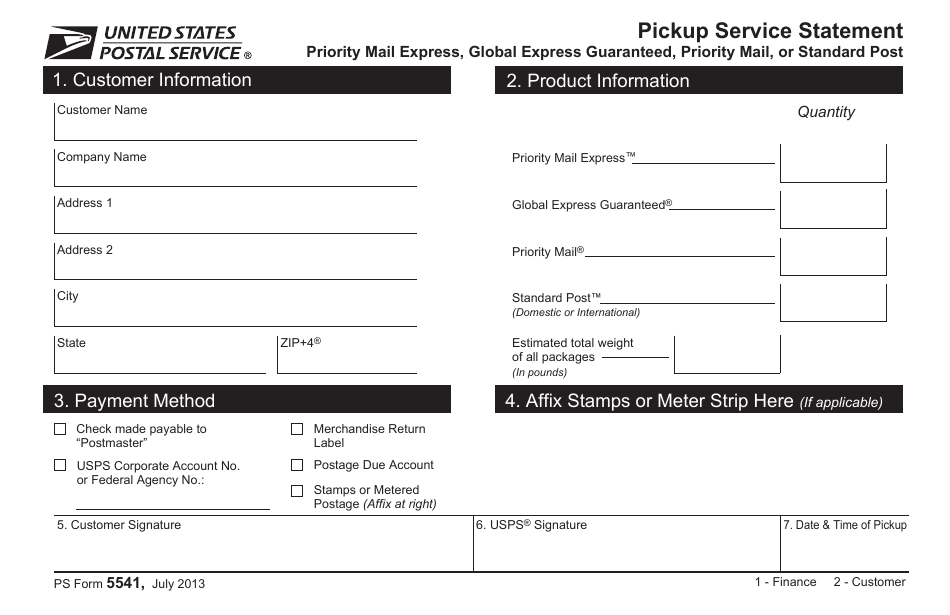 PS Form 5541 Pickup Service Statement Priority Mail Express, Global Express Guaranteed, Priority Mail, or Standard Post, Page 1