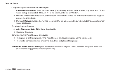 PS Form 5541 Pickup Service Statement Priority Mail Express, Global Express Guaranteed, Priority Mail, or Standard Post, Page 2