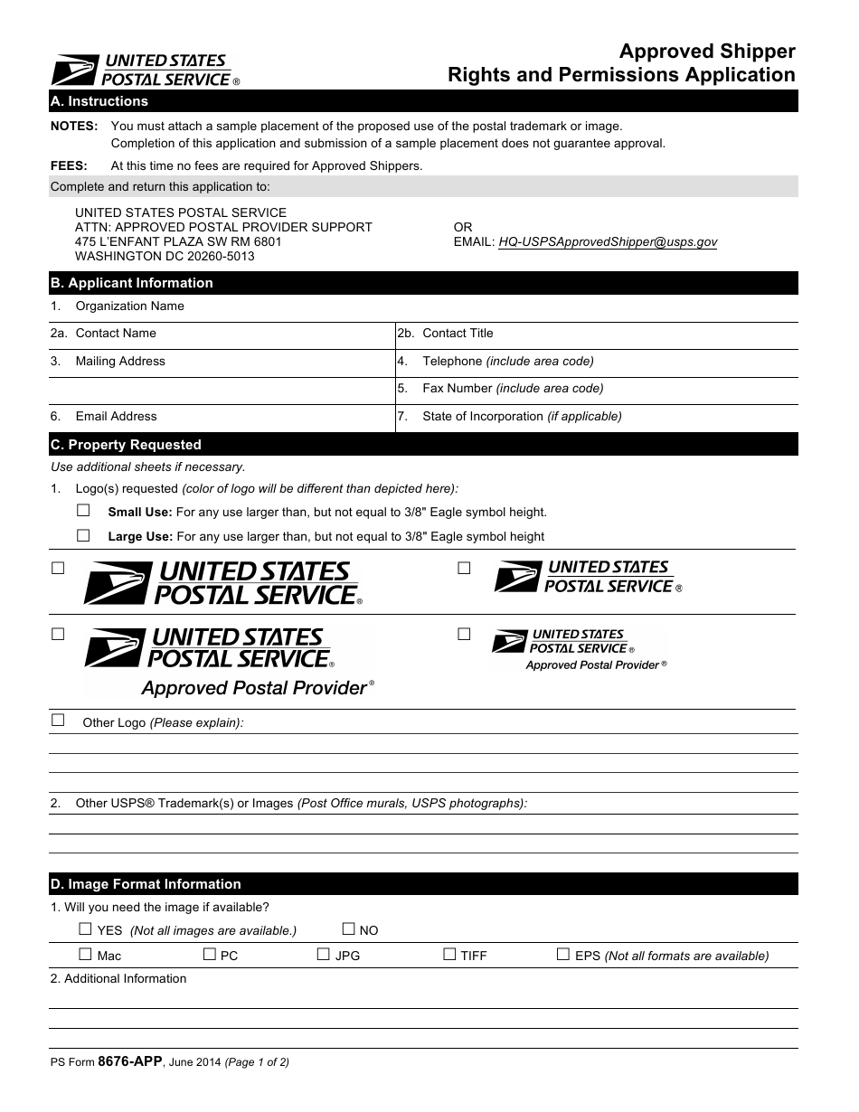 PS Form 8676-APP Approved Shipper Rights and Permissions Application, Page 1