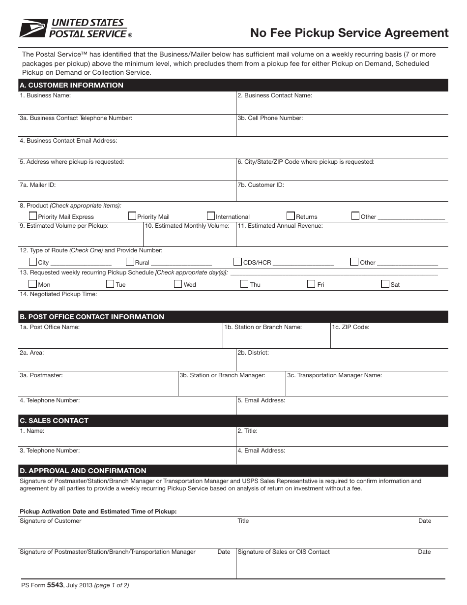 PS Form 5543 No Fee Pickup Service Agreement, Page 1