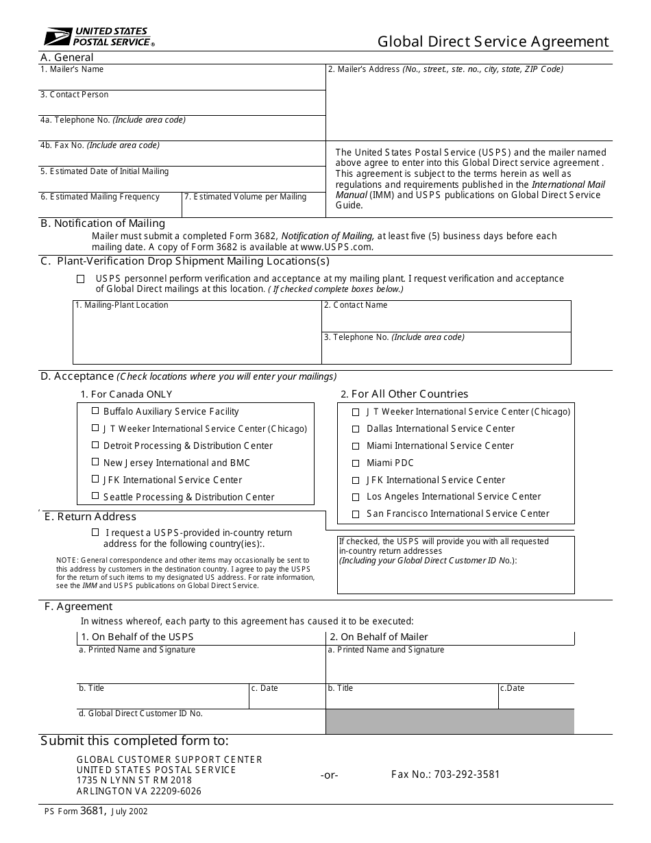 PS Form 3681 Global Direct Service Agreement, Page 1