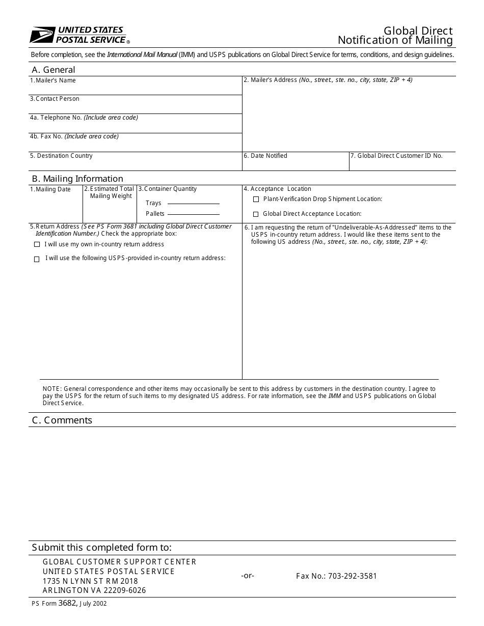 PS Form 3682 Global Direct Notification of Mailing, Page 1