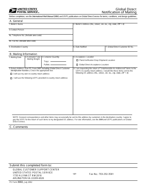 PS Form 3682 Global Direct Notification of Mailing