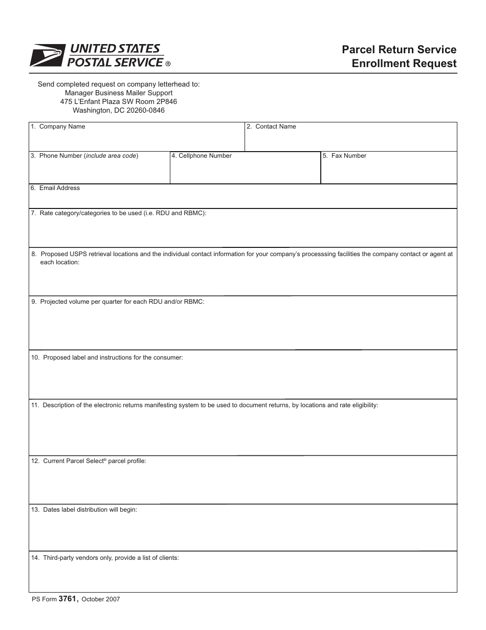 PS Form 3761 Parcel Return Service Enrollment Request, Page 1