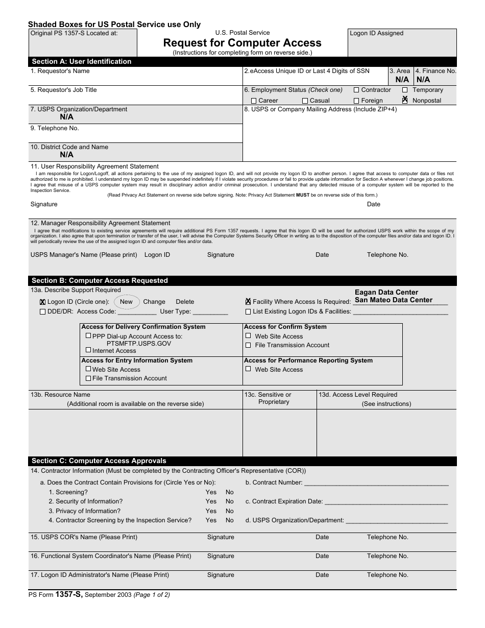 PS Form 1357-S Request for Computer Access, Page 1