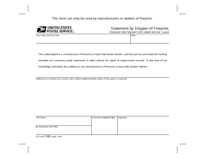 PS Form 1508 Statement by Shipper of Firearms